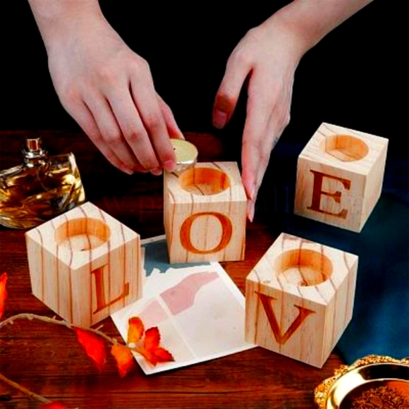 Valentine's Day Wood Candle Holder, Candlestick Engraved with Word Love - Picture 3 of 4
